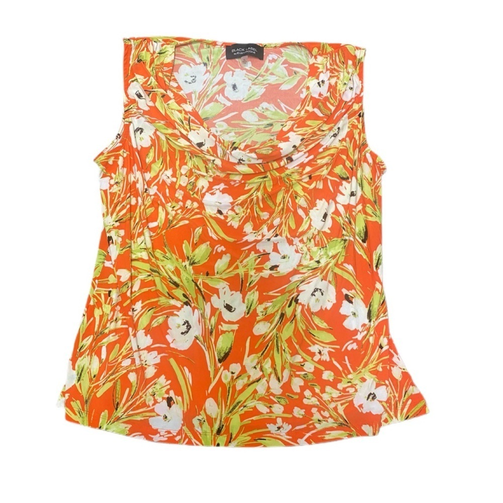 Black Label Evan Picone Cowl Neck Orange Green Floral Print Tank Top Sz XL